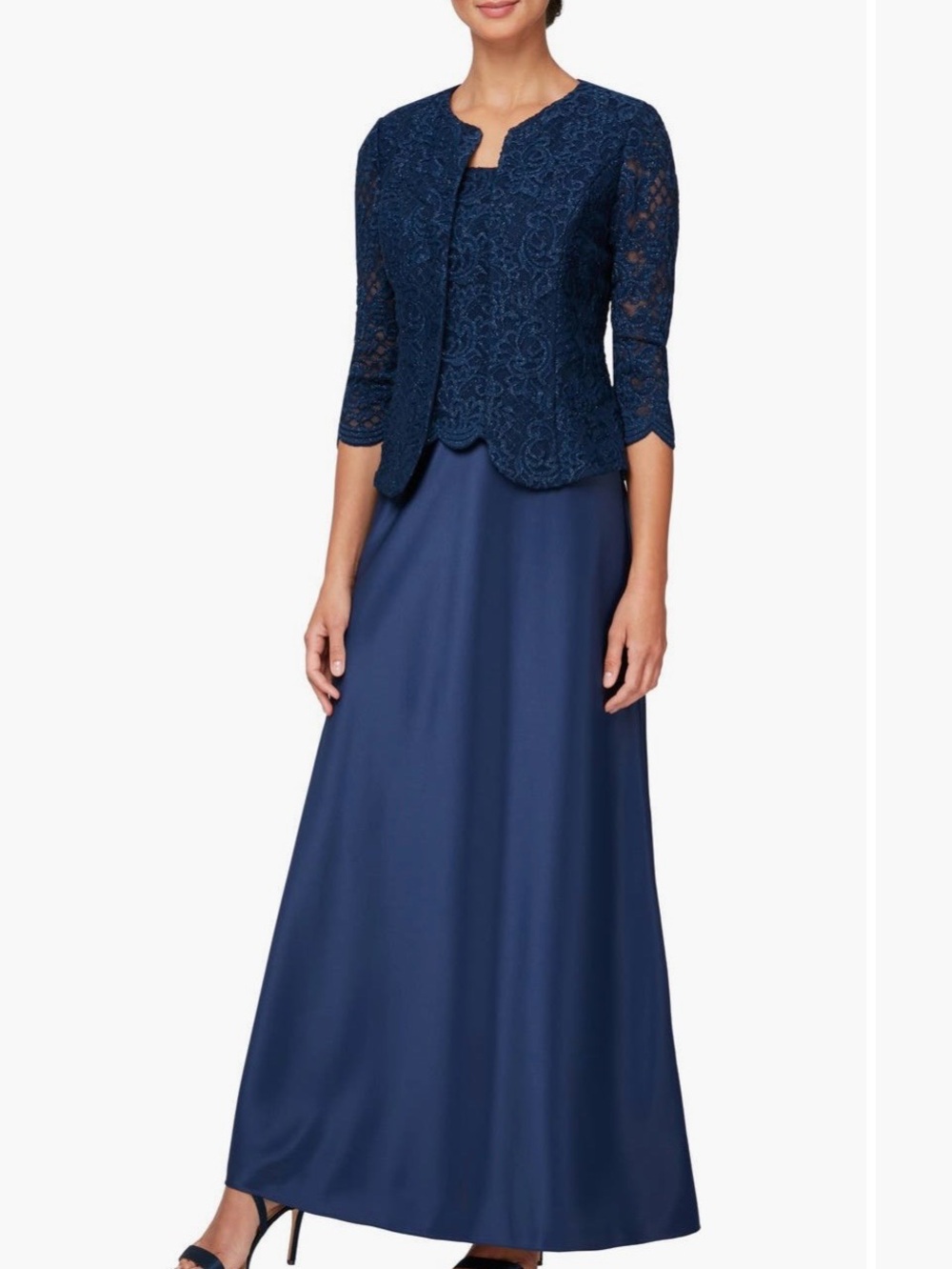 Alex Evenings Navy Embroiderrd Lace Mock Two Piece Dress with Jacket